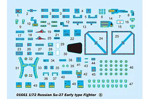 A decal sheet for a 1/72 scale Trumpeter Su-27 Early Type model kit, featuring various numbered markings, warning signs, and stencils on a light blue background.