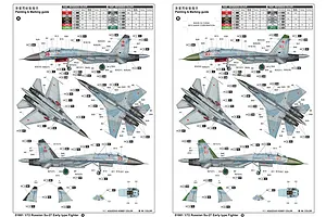Painting and marking guide for a Trumpeter 1/72 scale Su-27 Early Type fighter jet model kit, showing two different camouflage schemes.