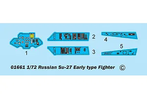 A digital diagram showing decal placement for the cockpit instrument panel and side consoles of a 1/72 scale Su-27 fighter model kit.