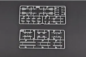 Two grey plastic model kit sprues containing various missile and weapon parts for a 1/72 scale aircraft model.