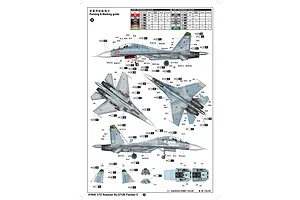 A painting and marking guide for a 1/72 scale Trumpeter Russian Su-27UB model kit, showing various views of the aircraft with color reference charts.