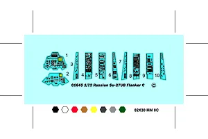 A digital decal sheet for the Trumpeter 1/72 Russian Su-27UB model kit, showing numbered cockpit instrument panels and a color palette guide.