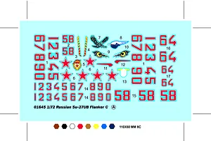 A decal sheet for the Trumpeter 1/72 Russian Su-27UB Flanker C model kit, featuring various numbers, red stars, and nose art graphics on a light blue backing.
