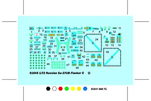 A decal sheet for a 1/72 scale Trumpeter Russian Su-27UB Flanker C model kit, featuring numerous numbered markings and warning labels on a light blue backing.