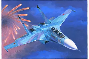 Box art illustration of a Russian Su-27UB fighter jet in flight, painted in blue camouflage with red stars, firing flares against a dark sky.
