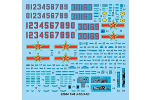 A decal sheet for a 1/48 scale Trumpeter J-7C/J-7D model kit, featuring various numbers, Chinese military insignia, and cockpit instrument panel markings.