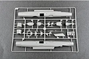 A grey plastic sprue from a Trumpeter 1/48 scale model kit featuring two large fuselage halves and various smaller aircraft components.