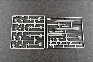 Two grey plastic model kit sprues containing various missile and fuel tank components for a 1/48 scale aircraft model.
