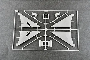 A grey plastic sprue from a Trumpeter 1/48 scale model kit containing aircraft wing and control surface parts.