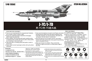 Instruction manual page for Trumpeter 1/48 J-7C/J-7D model kit showing a side profile illustration of the aircraft and assembly instructions.