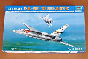 Trumpeter 1/72 scale RA-5C Vigilante plastic model kit box art showing two US Navy jets in flight over a landscape.