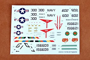 A decal sheet for a 1/72 scale Trumpeter RA-5C Vigilante model kit, featuring various military aircraft markings, numbers, and insignia on a white backing.