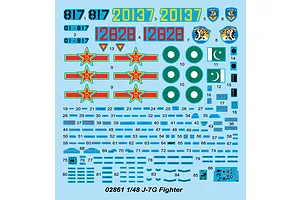 A decal sheet for a 1/48 scale Trumpeter J-7G fighter jet model kit, featuring various national insignia, numbers, and technical markings.