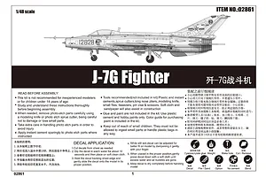 Instruction manual page for Trumpeter 1/48 J-7G Fighter model kit, showing a line drawing of the aircraft and assembly safety guidelines.