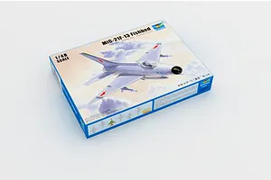 Trumpeter 1/48 scale MiG-21F-13 Fishbed plastic model kit box, featuring artwork of the jet in flight against a cloudy sky.