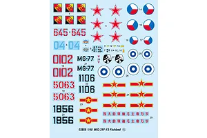 A decal sheet for a 1/48 scale Trumpeter MiG-21F-13 Fishbed model kit, featuring various national insignias, serial numbers, and instrument panel markings.