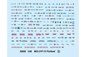 A decal sheet for a 1/48 scale Trumpeter MiG-21F-13 Fishbed model kit, featuring numerous numbered stencils and markings on a light blue backing paper.
