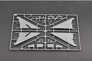 A grey plastic sprue from a 1/48 scale Trumpeter MiG-21F-13 model kit, showing aircraft wing and control surface parts.