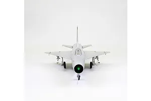 Front view of a 1/48 scale Trumpeter MiG-21F-13 Fishbed model aircraft, featuring a silver finish and landing gear, set against a plain white background.
