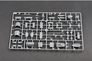 A grey plastic sprue containing various unpainted model aircraft parts for a 1/48 scale MiG-21F-13 model kit.