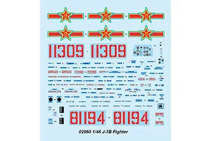 A decal sheet for a 1/48 scale Trumpeter J-7B Fighter model kit featuring red star insignias, aircraft numbers, and various technical stencils.