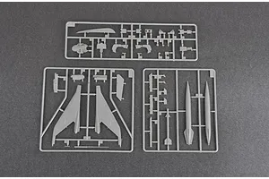 Three grey plastic model kit sprues containing aircraft parts for a Trumpeter 1/48 J-7B fighter jet model.