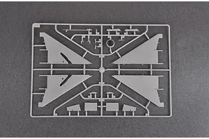 A grey plastic sprue from a Trumpeter 1/48 scale model kit containing aircraft wing and control surface parts.