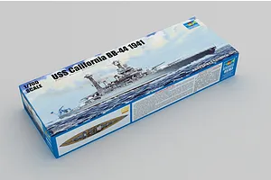 Trumpeter 1/700 scale USS California BB-44 1941 battleship plastic model kit box, showing artwork of the ship at sea.
