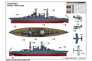 A painting and marking guide for the Trumpeter 1/700 USS California BB-44 1941 model kit, showing side and top views of the ship and a small aircraft.