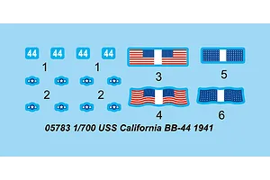 A decal sheet for the Trumpeter 1/700 scale USS California BB-44 1941 model kit, featuring ship numbers, national insignias, and flag decals.