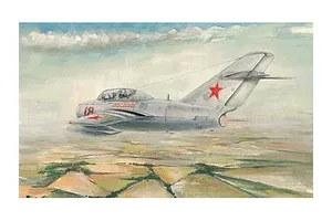 An artistic painting of a silver MiG-15 UTI jet flying over a rural landscape with a cloudy sky.