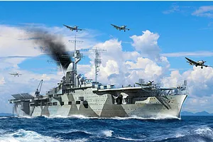 An artistic illustration of the German aircraft carrier Graf Zeppelin at sea with several propeller aircraft flying above it.