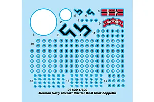 A decal sheet for a 1/700 scale Trumpeter DKM Graf Zeppelin model kit, featuring various German naval insignia, crosses, and markings on a light blue background.