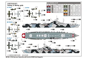 Painting and marking guide for a 1/700 scale DKM Graf Zeppelin model kit, showing side and top views of the ship and various aircraft.