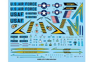 A decal sheet for a 1/72 scale Trumpeter F-106A Delta Dart model kit, featuring various USAF markings, squadron emblems, and yellow and black checkered patterns.