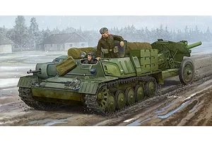 Box art illustration of a Soviet AT-P artillery tractor towing a field gun through a muddy, snowy landscape with two crew members.