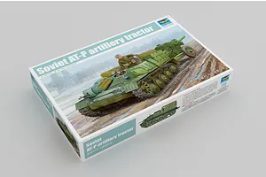 A Trumpeter 1/35 scale Soviet AT-P Artillery Tractor plastic model kit box, featuring box art of the vehicle in a field.