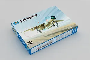 Trumpeter 1/48 scale J-7A Fighter plastic model kit box showing artwork of the aircraft in flight.