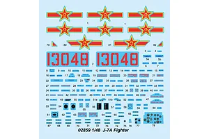 A decal sheet for a 1/48 scale Trumpeter J-7A fighter jet model kit, featuring various national insignia, identification numbers, and technical stencils.