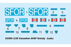 A decal sheet for a 1/35 scale Canadian Grizzly AVGP model kit, featuring SFOR markings, Canadian flags, and various technical labels.