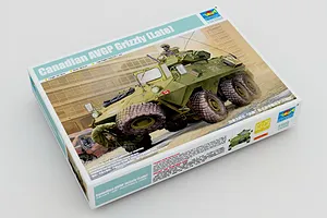 Trumpeter 1/35 scale Canadian Grizzly AVGP model kit box showing artwork of the armoured vehicle in an urban setting.