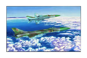Box art illustration of two Su-15 Flagon jet fighters flying in formation above a cloud layer.