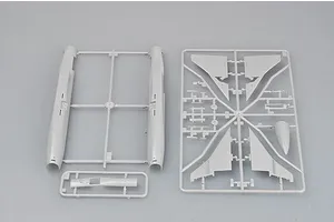 Two grey plastic model kit sprues for a 1/72 scale Su-15TM Flagon-F jet aircraft, showing fuselage halves, wings, and small components.