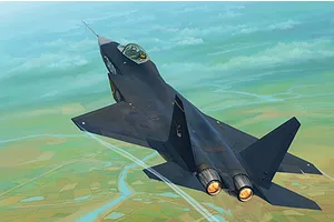 Box art illustration of a dark grey Shenyang J-31 fighter jet flying over a landscape with a river.