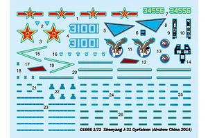 A decal sheet for the Trumpeter 1/72 scale Shenyang J-31 Gyrfalcon model kit, featuring various markings, numbers, and insignia on a light blue backing.