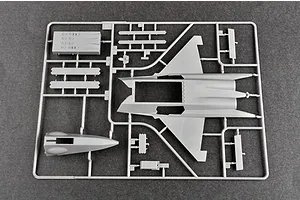 A grey plastic sprue containing parts for a 1/72 scale model aircraft kit, including the main fuselage and nose section.