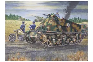 Box art illustration of a German Artillery Observation 38h vehicle with a motorcycle and soldiers in a field.