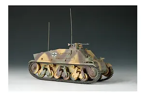 A 1/35 scale model of a German Artillery Observation 38h vehicle, painted in a camouflage pattern with two tall radio antennas.