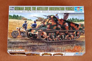 Trumpeter 1/35 scale German 38(H) Artillery Observation Vehicle plastic model kit box art showing a camouflaged tank and a motorcycle.