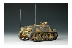 A 1/35 scale plastic model of a German Artillery Observation 38h vehicle, featuring a camouflage paint scheme and two tall radio antennas.